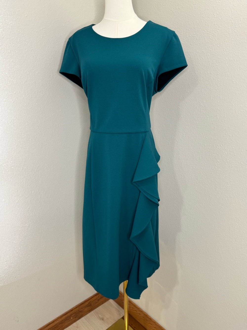 Rachel Roy Teal Sheath Dress Size 14 Ruffle Detail Work Cocktail Elegant